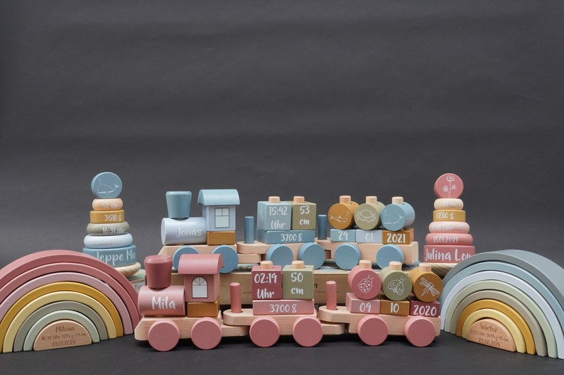 Baby gift for birth pink train stacking tower rainbow image 7