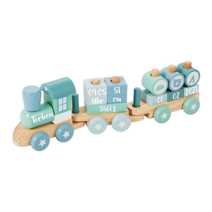 Geschenk zur Geburt personalisierte Eisenbahn bedruckt mit Geburtsdaten Little Dutch Blau / Mint