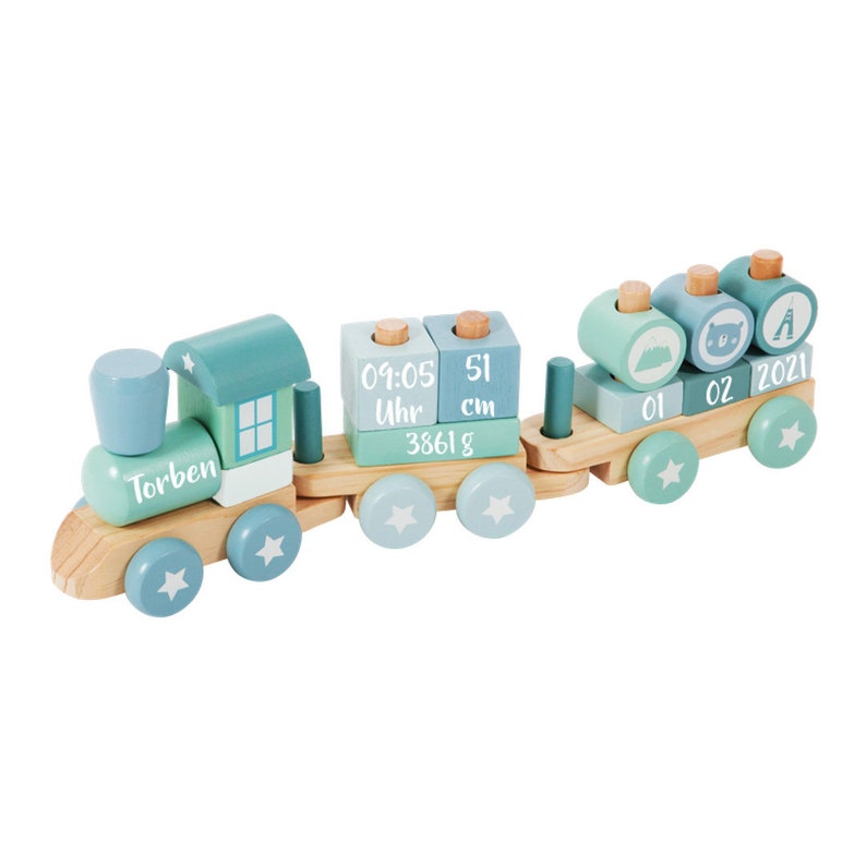 Regalo de nacimiento tren personalizado impreso con fechas de nacimiento Little Dutch Blau / Mint