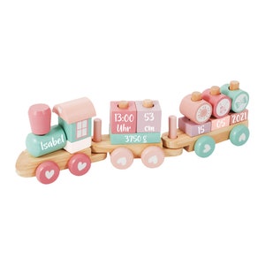 Geschenk zur Geburt personalisierte Eisenbahn bedruckt mit Geburtsdaten Little Dutch Rosa