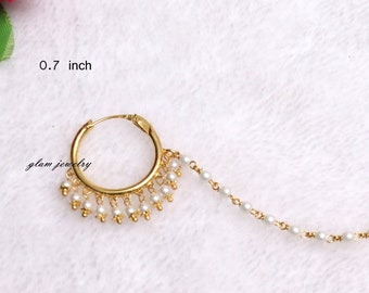 Nose Ring Chain Nath Indian Jewelry Jewellery Gold Plat Pierced Nose Ring Hoop/Bridal Wedding Nose Accessory Nathini/Bollywood Nose Ring