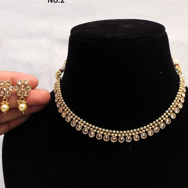 Vergoldete Polki Halsketten Set, Kristall Indischer Brautschmuck