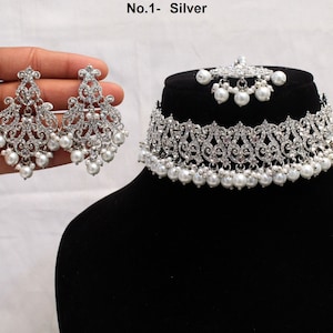 Crystal Rhinestone Choker Set, Indian Jewelry, Earrings suraj Tikka