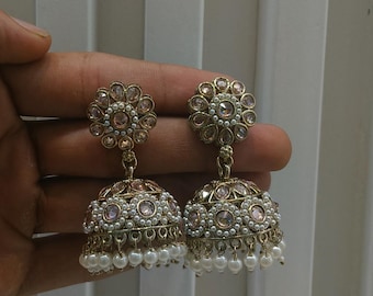 Gold Finish Jhumka Earrings, Indian Wedding Jewelry