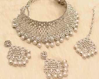 Gargantilla de plata /Conjunto de collar de gargantilla de plata/ Conjunto de collar de Bollywood/Conjunto de collar de gargantilla india/Joyería de dama de honor de plata/Collar de mujer