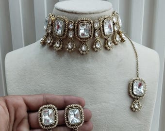 Conjunto de gargantilla Kundan: joyería nupcial india, collar de oro con conjuntos Tikka LSG