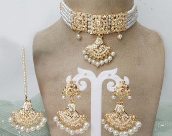 Jadau Gold Pearl Choker Necklace Set/Gold white Indian Necklace Set/Bollywood Punjabi Indian Jewellery/Muslim Necklace Set