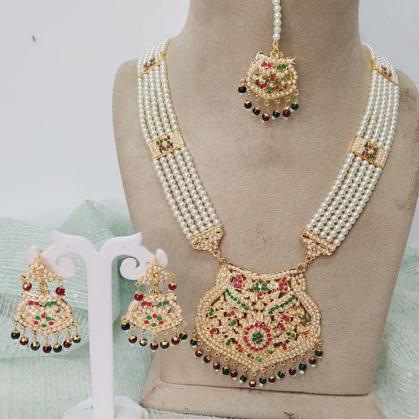 Collier long Rani Haar/Ensemble de colliers indiens Navrattan Jadau/Bijoux de mariée indiens punjabi pakistanais/Ensemble de colliers longs musulmans Bollywood