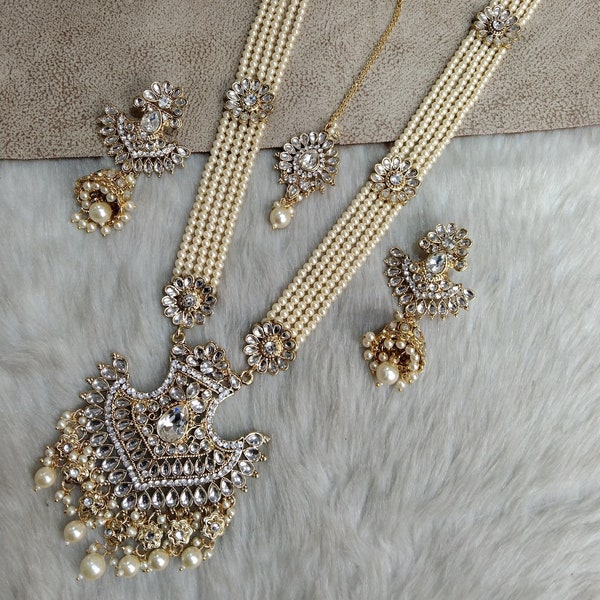 Rani Haar Kundan lange Halskette Set / Gold indische Halskette Set / indische Kundan Schmuck / muslimische lange Halskette Set