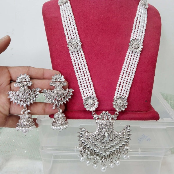 Rani Haar Kundan long Necklace Set/Silver Indian Necklace Set/ Indian kundan Jewellery/Muslim Long Necklace Set