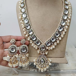 Rani Haar Kundan long Necklace Set/Gold white kundan Indian Necklace Set/ Indian kundan Jewellery/Muslim Long Necklace Set