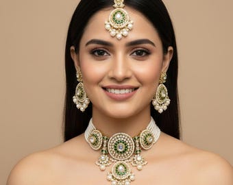 Kundan Choker örhängen set, guld vita indiska smycken nili set