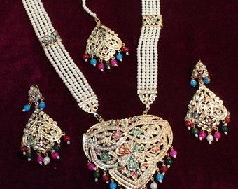 Jadau Pearl Choker Gold White,Navrattan Necklace SetIndian Pipal Patti Necklace Set Punjabi Indian JewelleryMuslim Necklace Set