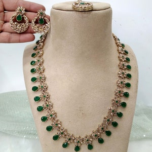 Rani Haar long Necklace Set/Mehndi polish Gold Indian Necklace Set/Indian kundan shina Jewellery/Necklace Set/Sherry