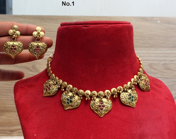 Indian Gold Jewelry Jewellery Necklace Set gold Mat Finish