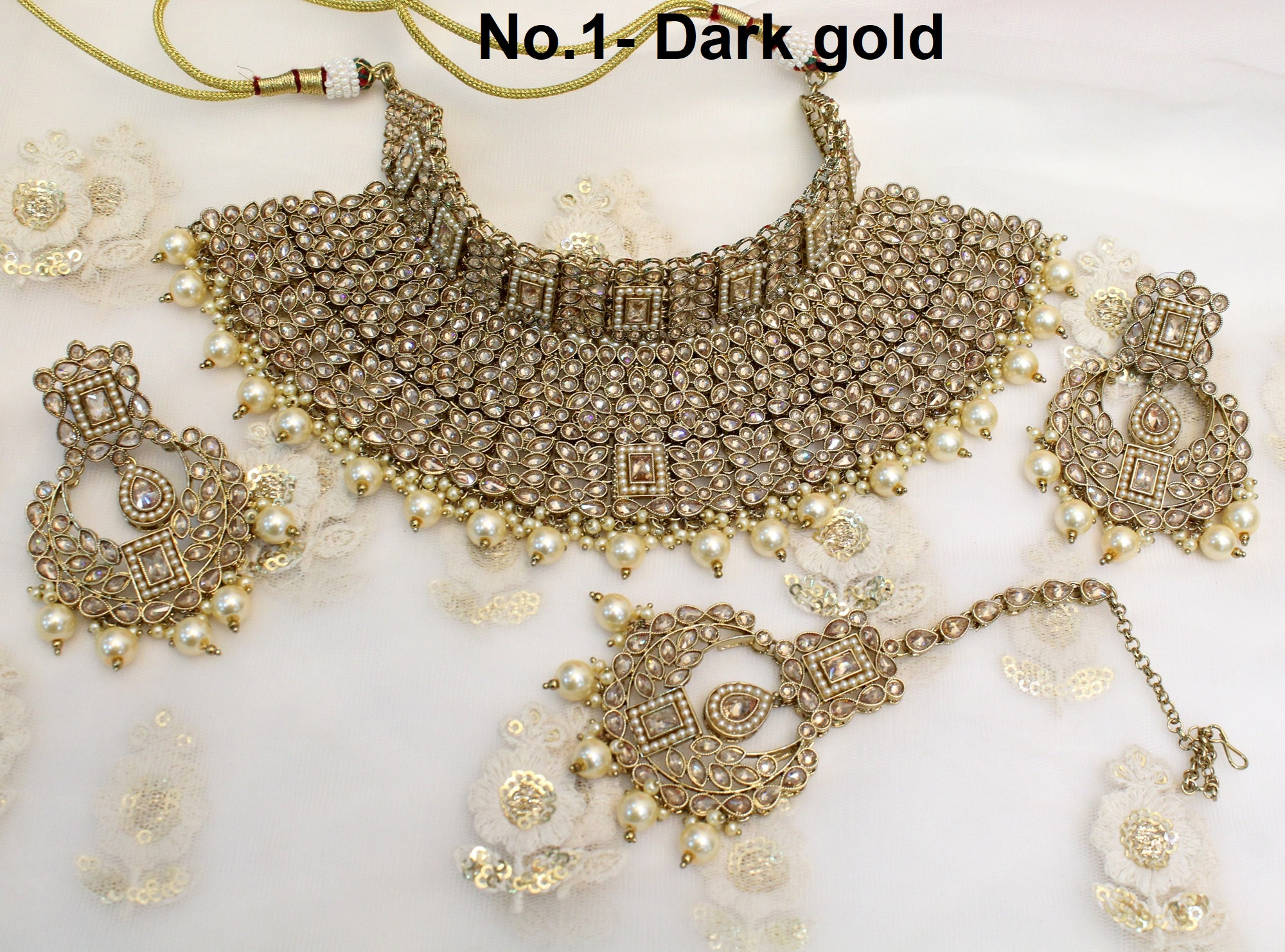 Dark Gold Crystal Indian Jewelry Set: Necklace, Earrings, Tikka - Etsy