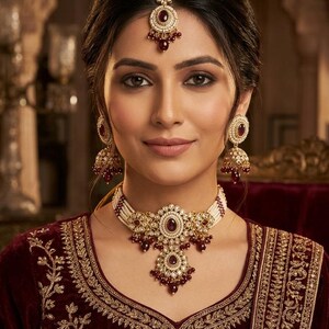 May include: A woman wearing a traditional Indian jewelry set, including a necklace, earrings, and a headpiece. The jewelry features gold accents and red gemstones. The woman is also wearing a maroon velvet top with gold embroidery.