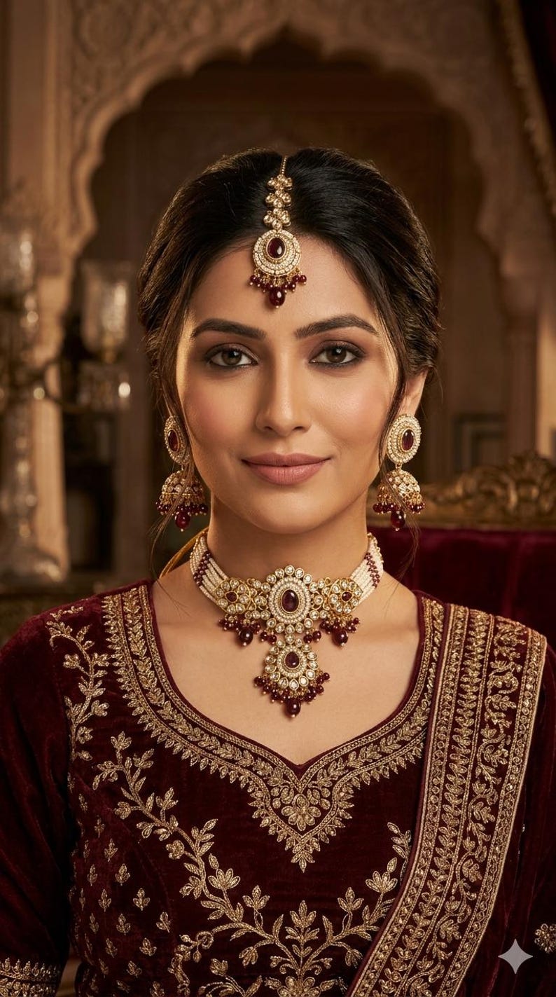 May include: A woman wearing a traditional Indian jewelry set, including a necklace, earrings, and a headpiece. The jewelry features gold accents and red gemstones. The woman is also wearing a maroon velvet top with gold embroidery.