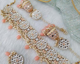 Gold Kundan Choker Set, Peach Indian Jewelry aqua yaroslavi set