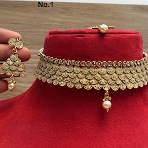 Indian Gold Jewelry Jewellery necklace set/ Gold mat finish necklace Set Bollywood Style Gold Finish South Indian bridal Jewelry