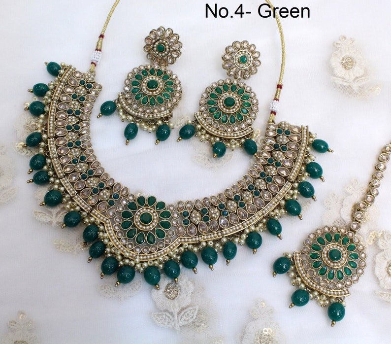 Indian Jewelry Jewellery/Antique gold peach. multicolor, pink necklace Set/Bollywood Gold Indian Jewelry Jewellery cello Set No.4- Green