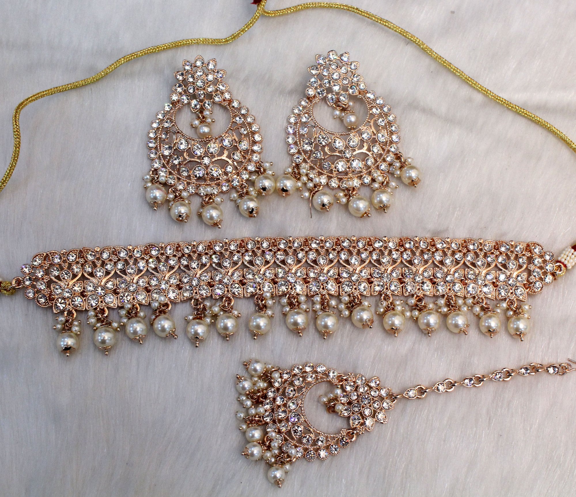 Choker Set Necklace Set/ Rose Gold, Silver, Gold White Bollywood  Jewellery/indian Choker Set/bridesmaid Jewellry/vinland Gift for Her 