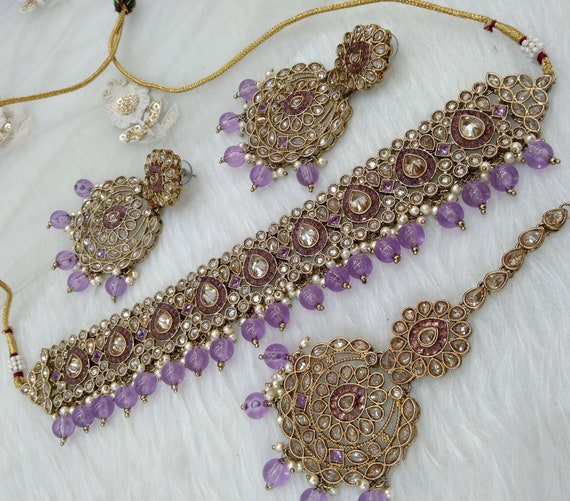 Indian Jewelry Choker Set Dark Gold Peach Lavender Choker