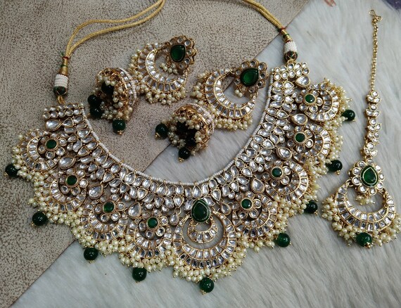 Green bridal kundan shop jewellery set