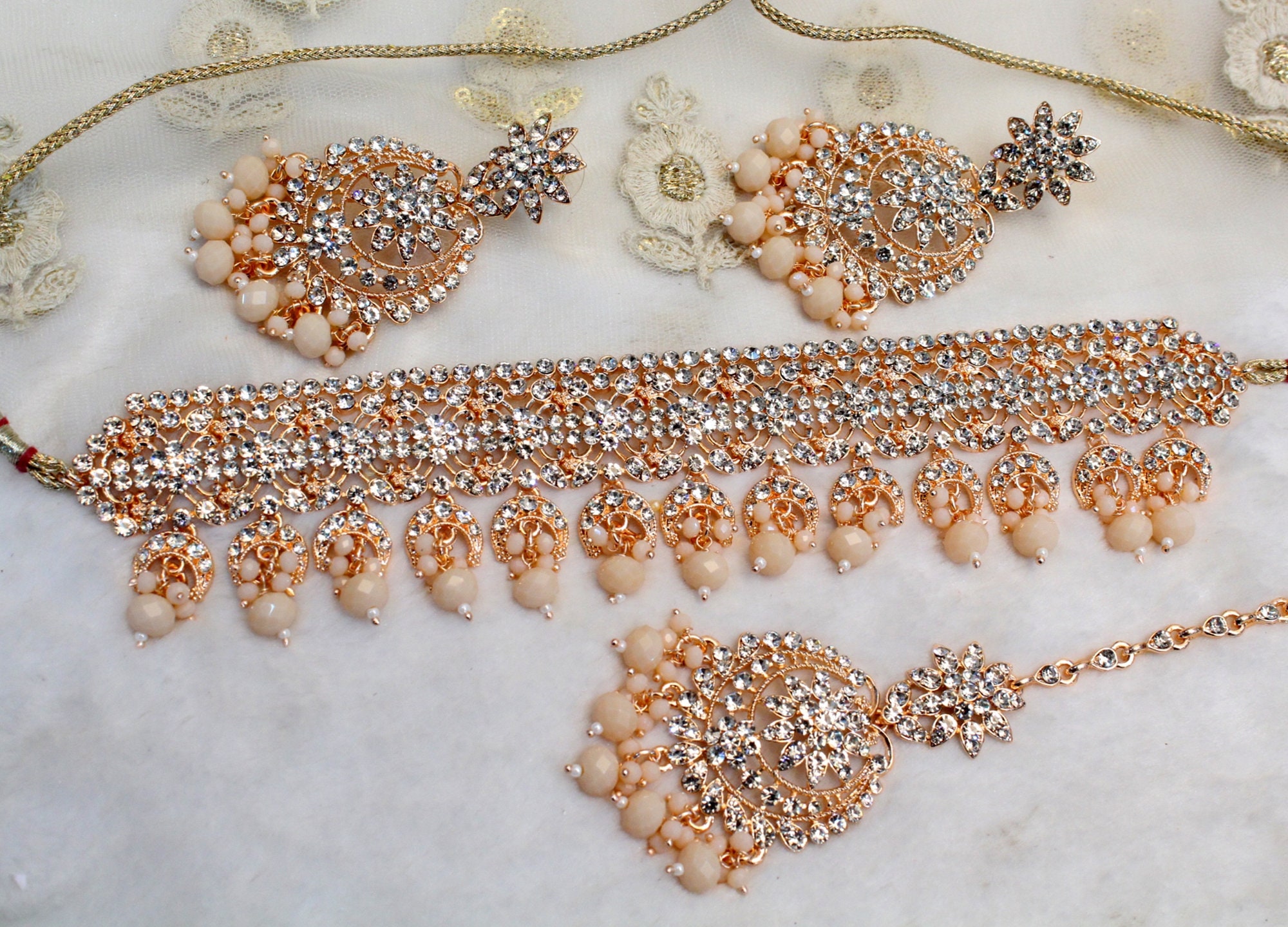 Choker Set Rose Gold Silver Necklace Set Bollywood Jewellery