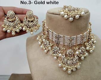 Indian jewelry kundan Choker Set Necklace Earrings Set/Gold white,Peach,Rama green  Indian Diplo Jewelry Necklace Set/Indian Choker Set