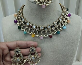 Indian Gold Plated Necklace Set, Crystals Rhinestones, Tikka Earrings eshaan