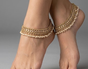 Gold Plated Crystal Anklets, Adjustable Indian Payal Pair
