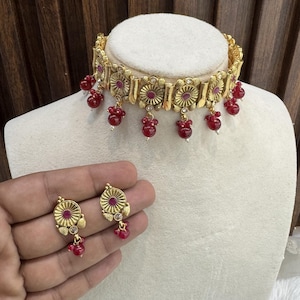 Indian Polki Jewelry Jewellery Necklace Set/ Bollywood Style Gold Finish South Indian bridal tipi nishka bobo Jewelry