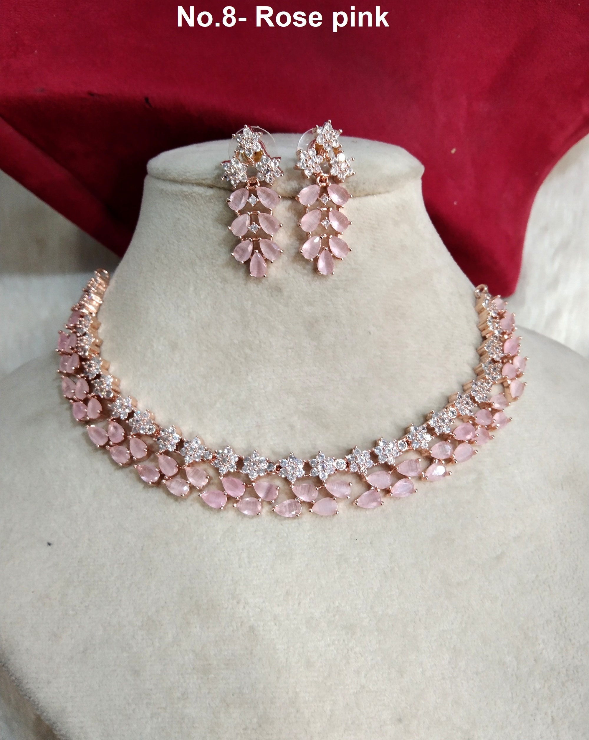 glamjewelryz Cubic Zirconia Diamond Necklace Earrings Set, Rose Gold, Silver Bridal Necklace Hundi Earrings Jewelry Statement Necklace Set CZ Necklace