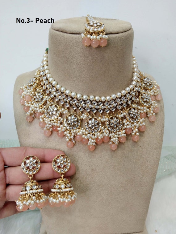 Set Gioielli Da Sposa Indiano Bollywood – Collana Girocollo In Ottone Placcato Con Pietre E Perline Artificiali