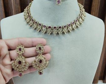 Indian Necklace Set: Antique Gold, Crystal Rhinestone Lina gaish Jewelry