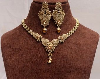 Antique Gold Indian Necklace Set: Crystal Rhinestone Bollywood Tinki Jewelry