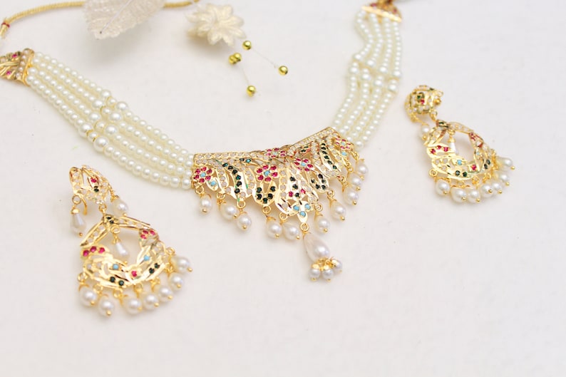 Jadau Pearl Choker Gold White,Navrattan Necklace SetIndian Pipal Patti Necklace Set Punjabi Indian JewelleryMuslim Necklace Set