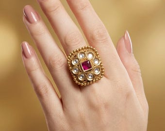 Adjustable Gold Plated Indian Ring, Big Round Bridal Jewelry