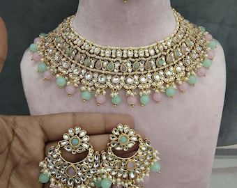 Gold Kundan Indian Necklace Set, Mint Pink Bridal Jewelry Nili set