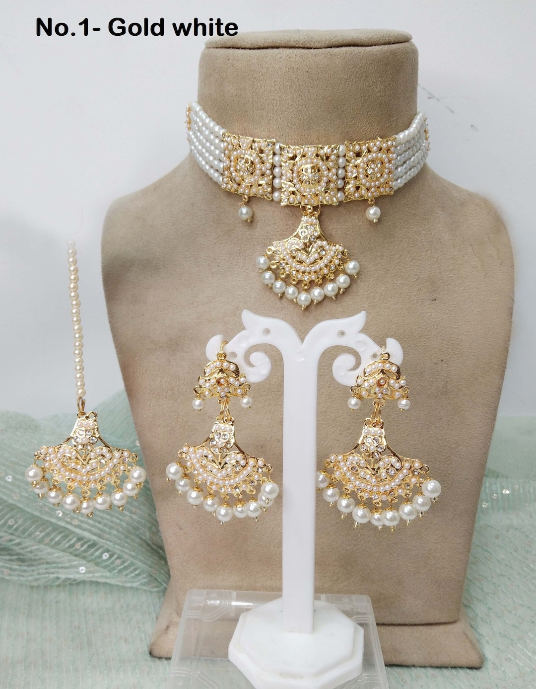 Jadau Gold Pearl Choker Necklace Set/gold White Indian Necklace Set/bollywood Punjabi Indian