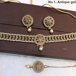 Indian Jewelry Choker Set/Antique Gold Necklace Studs Earrings Set/Gold Indian Bollywood Necklace Set Jewellery/Indian Necklace Set