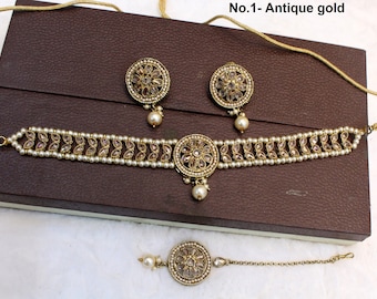 Antique Gold Indian Choker Necklace & Stud Earrings sanjay Set
