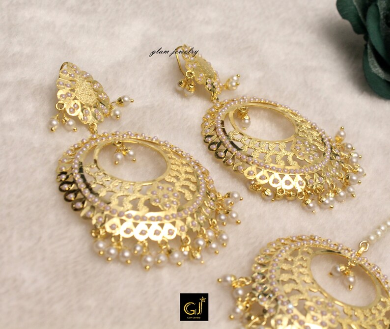 Jadau Gold White Chand Bali Earrings TikkaIndian Big Earrings Tikka Set Punjabi Indian JewelleryPakistani Set