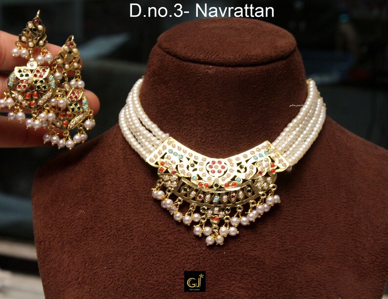 Jadau Pearl Choker Gold White,Navrattan Necklace SetIndian Pipal Patti Necklace Set Punjabi Indian JewelleryMuslim Necklace Set