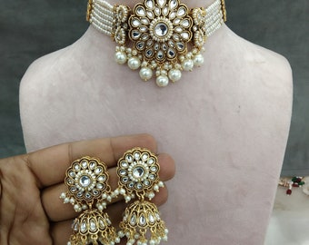 Conjunto de gargantilla Kundan chapada en oro, conjunto de joyería india con frase