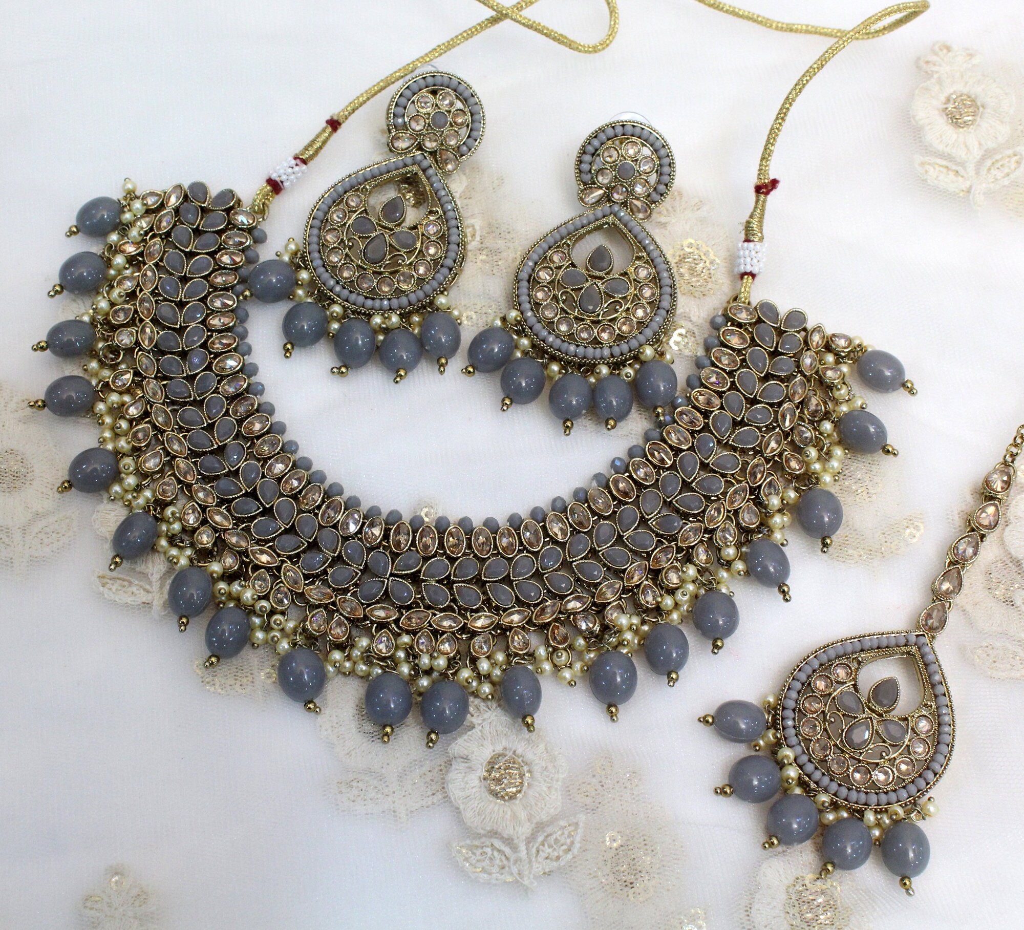 Grey colour necklace set deals