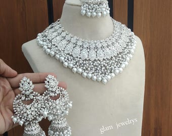 Silver Bollywood Jewelry Necklace Set, Indian Semi Bridal Earrings & Tikka Steela sets