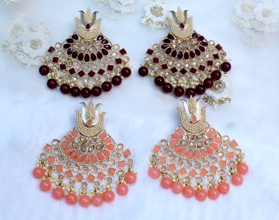 Bridal Earrings Tikka Set Kundan Earrings Tikka Set Ruby Pearl Earrings  Tikak Set - Charming Jewelry - 3630638