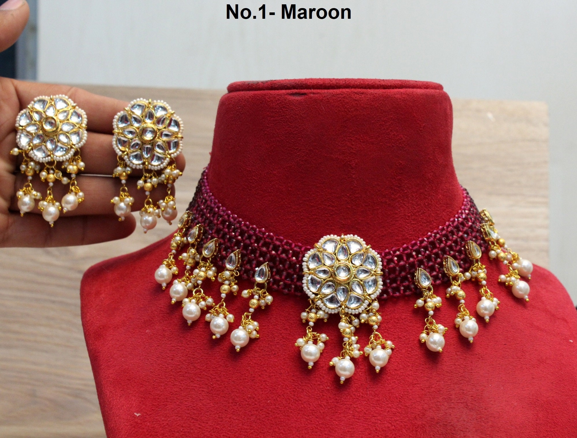 Gold Maroon Semi Bridal Kundan Choker 